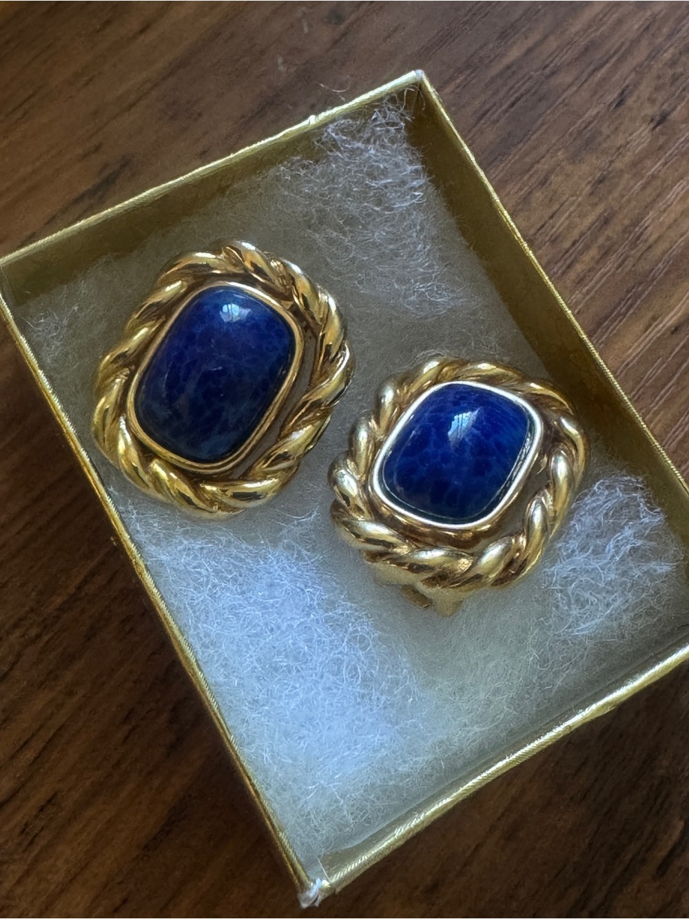 Vintage Dior Gold-Tone Rope Frame Earclip with Deep Blue Cabochons